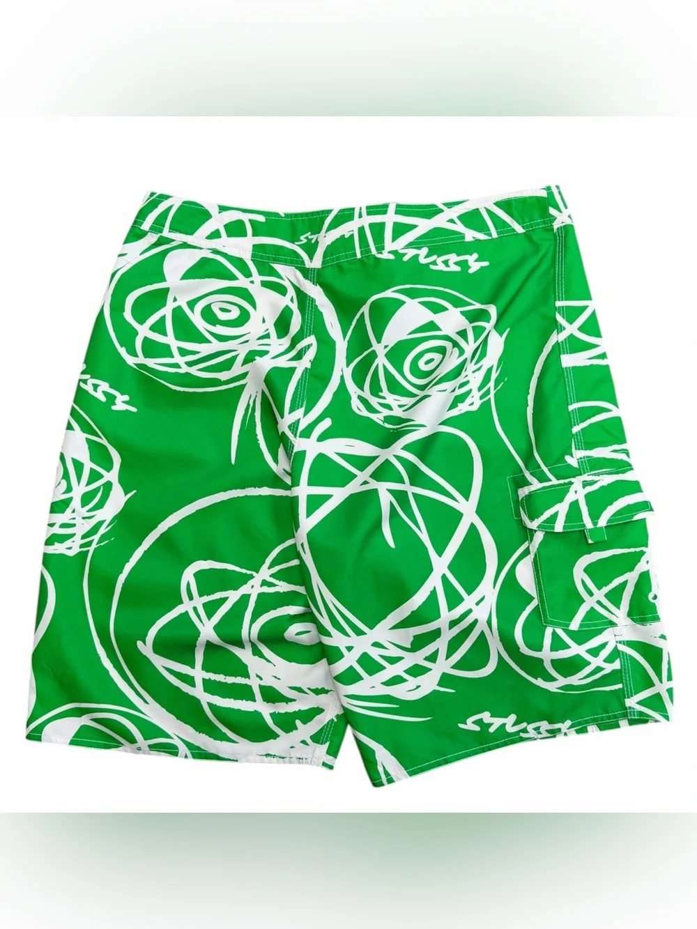 Vintage Stussy x Futura Green & White Atom Bomb Print Board Shorts Size 36